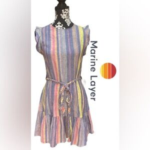 Marine Layer Laney Dress X Size Small Linen Blend Ruffle Sleeves Striped Beach
